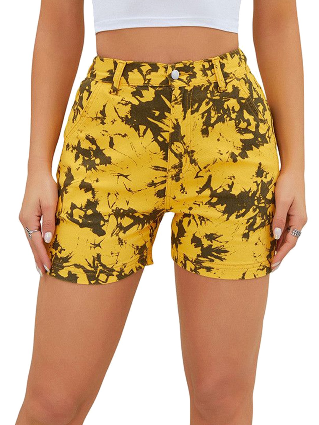 

The Roadster Lifestyle Co Women Printed Slim-Fit Mid-Rise Shorts, Yellow