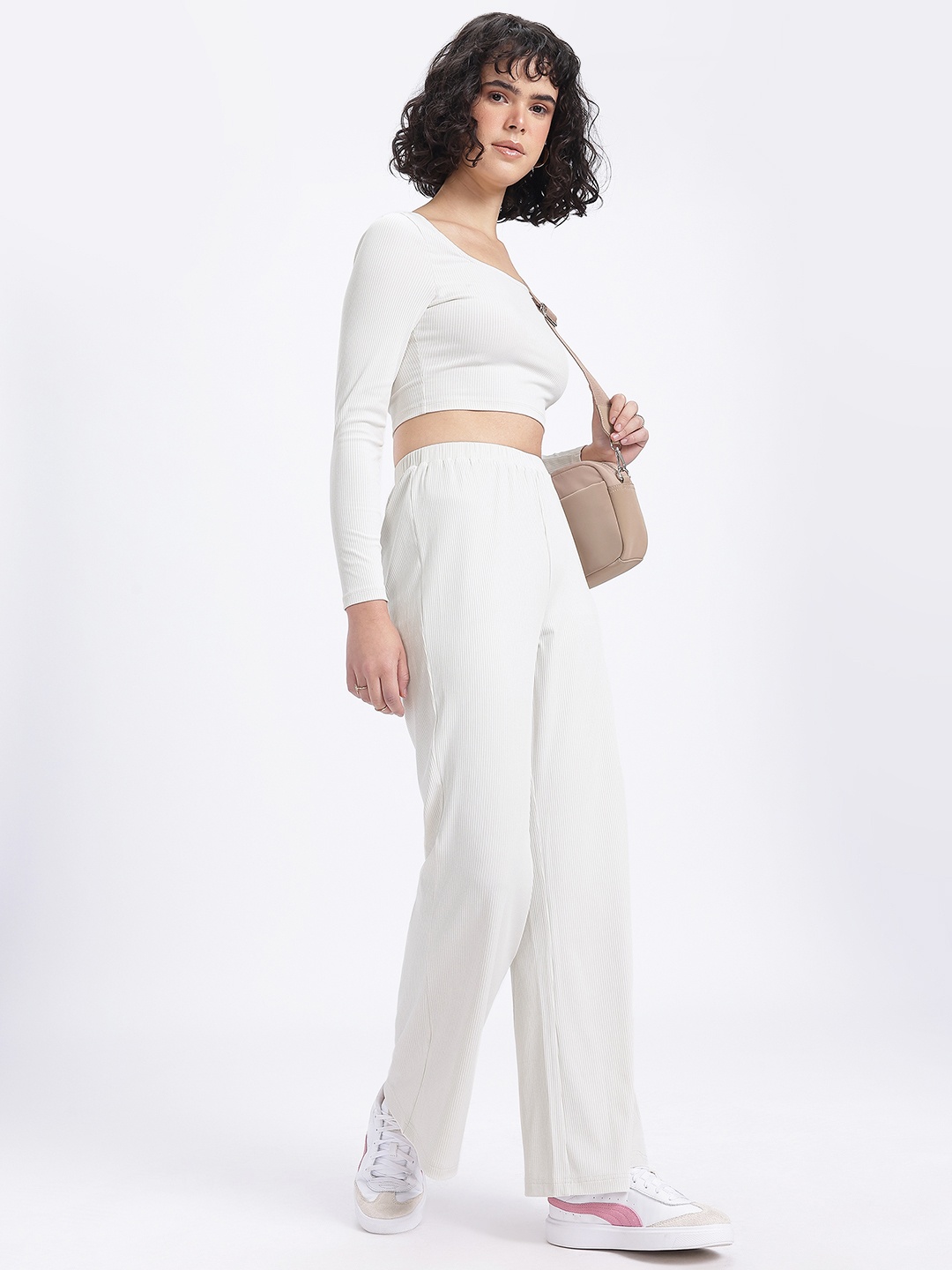 

glitchez Adorable Allure Ribbed Scoop Neck Cropped Co-Ords, Off white