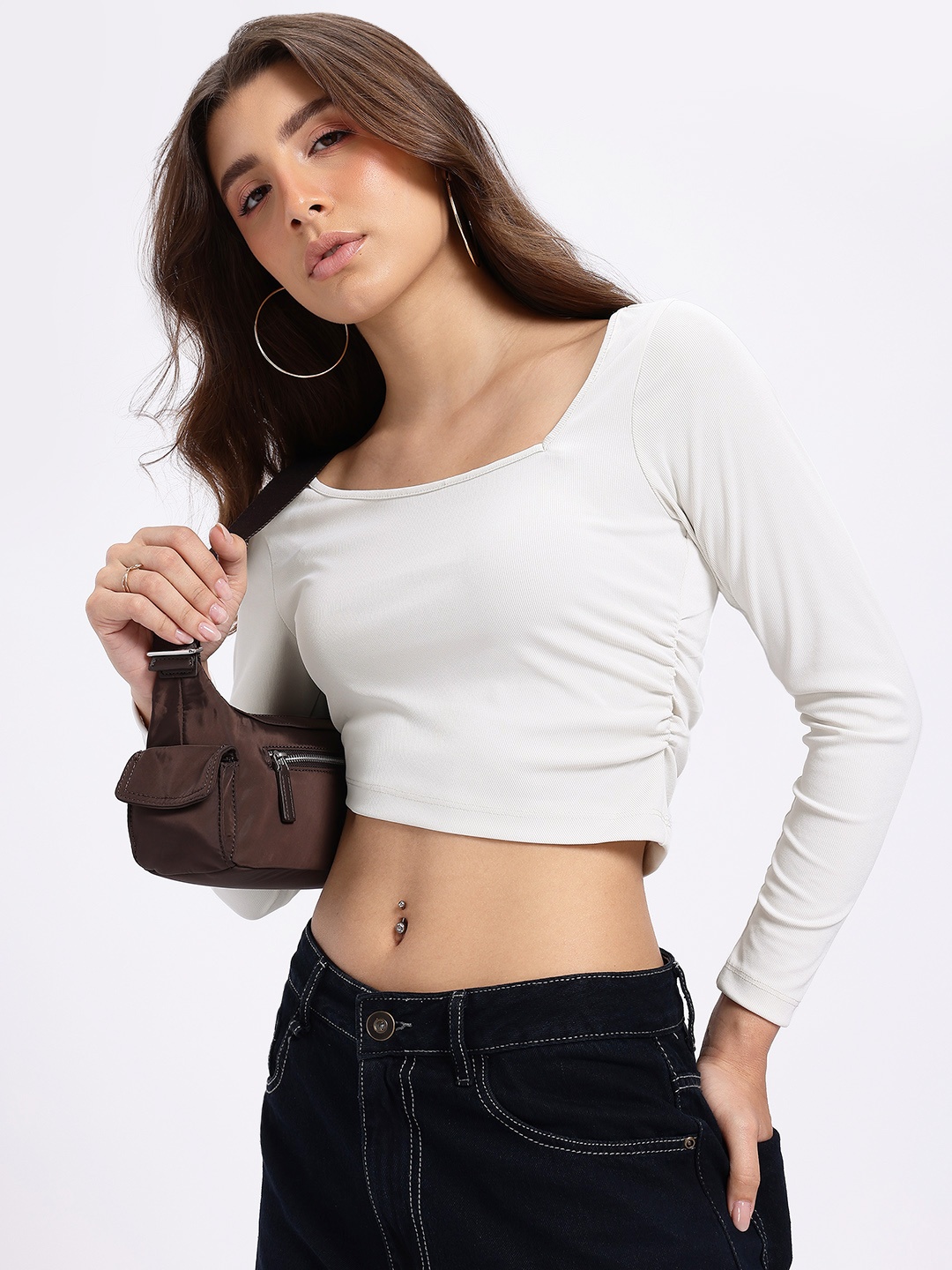 

glitchez Dramatic Ribbed Ruched Detail Crop Asymmetric Hem Top, White