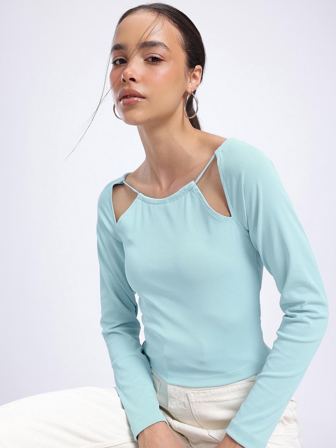 

glitchez Minimalist Muse Cut-Out Ribbed Top, Blue