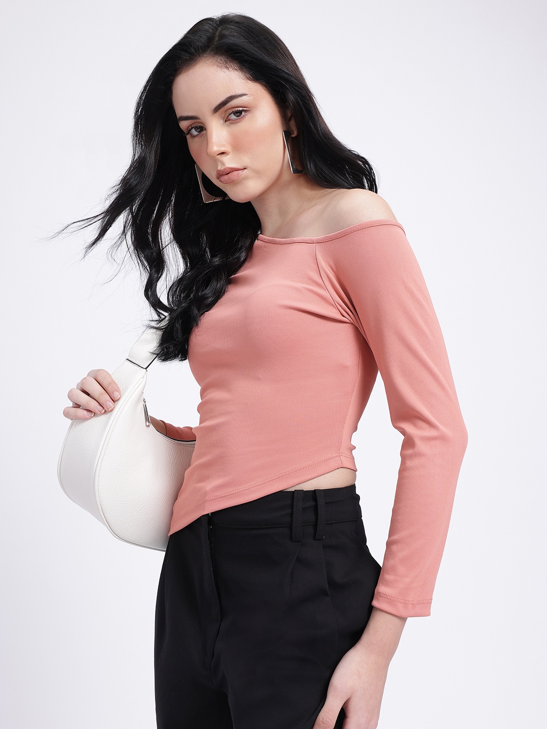 

glitchez Edgy Elegance One Shoulder Asymmetric Fitted Top, Coral