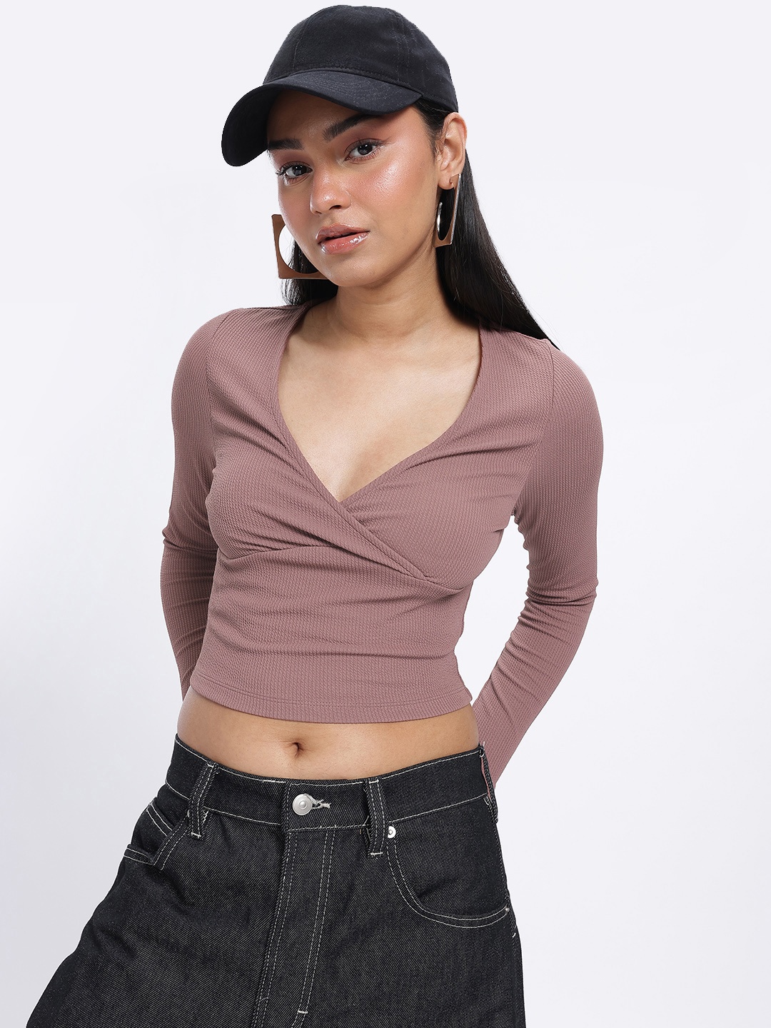 

glitchez Twist & Slay Ribbed Wrap-Style Crop Top, Mauve