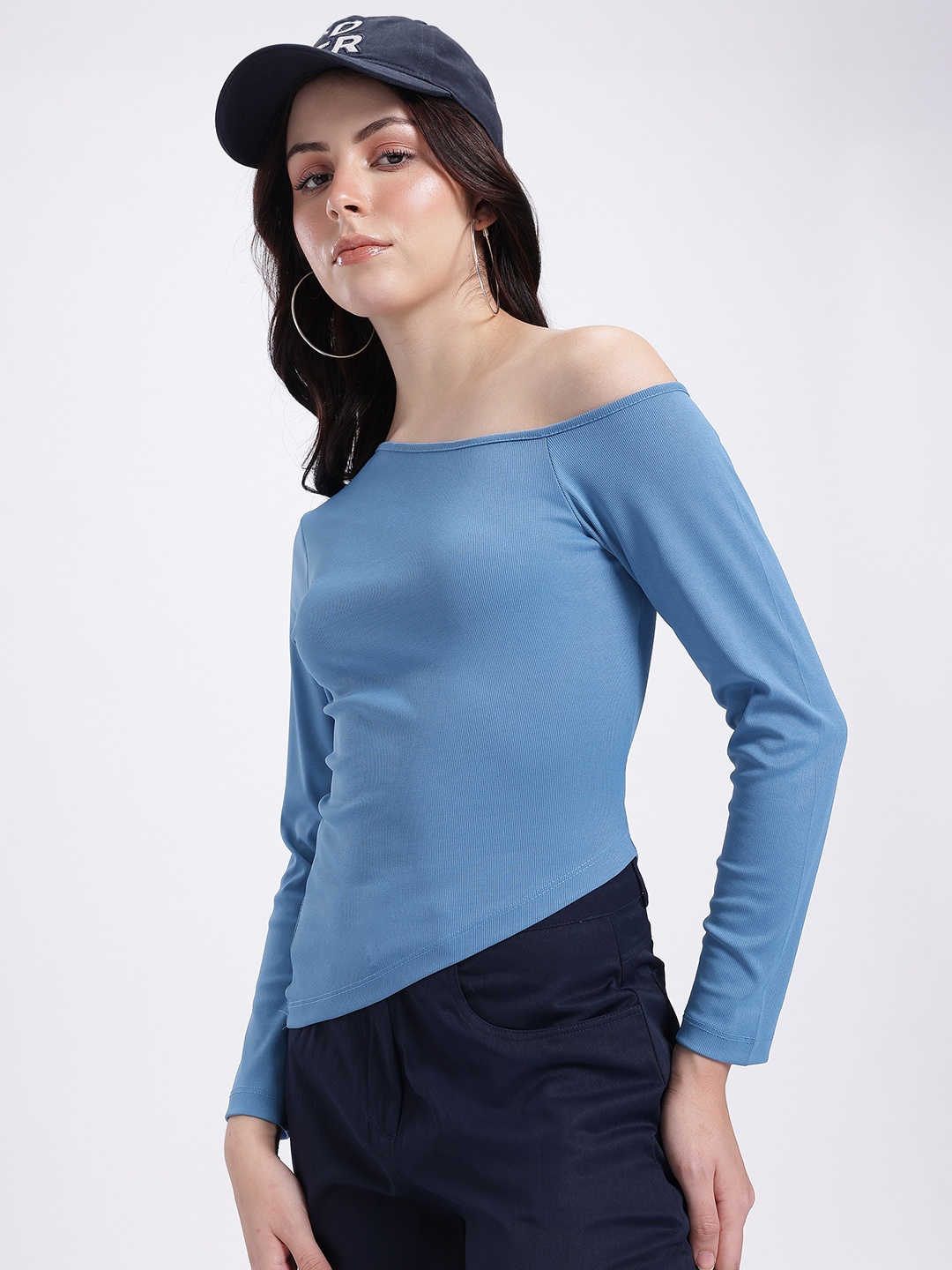 

glitchez Offbeat Asymmetry Ribbed Fitted Top, Blue