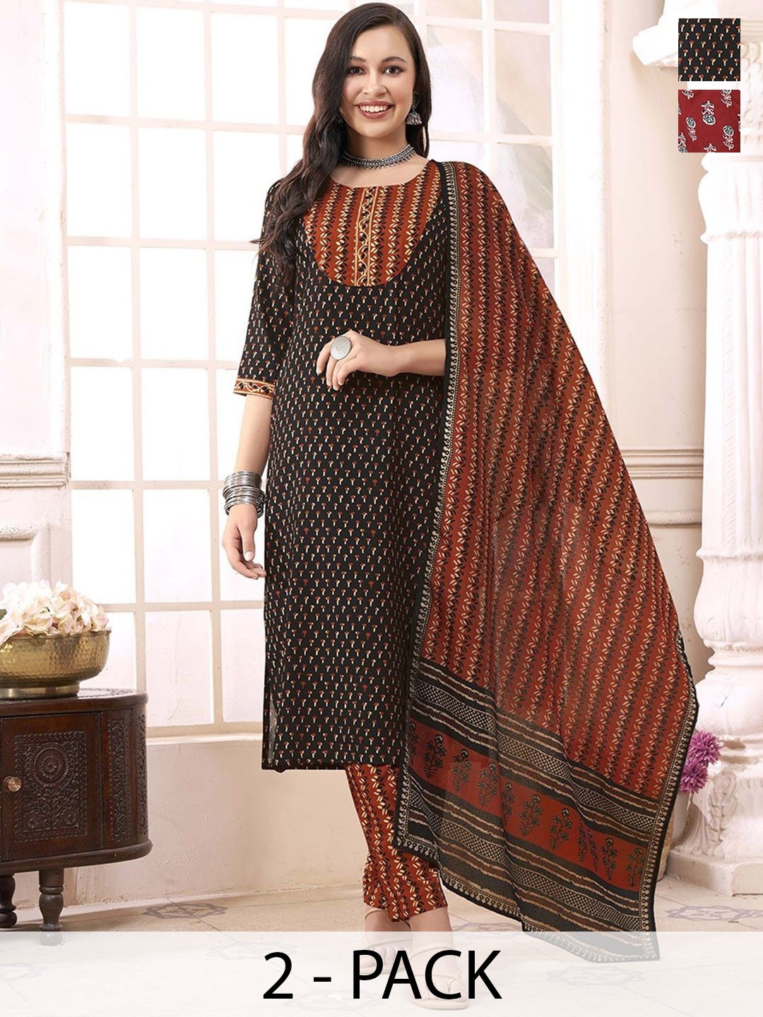 

KALINI Women Ethnic Motifs Printed Regular Kurta with Trousers & With Dupatta, Black