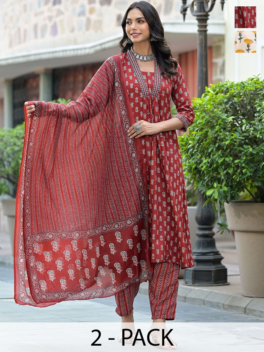 

KALINI Women Ethnic Motifs Printed Regular Kurta with Trousers & With Dupatta, Red