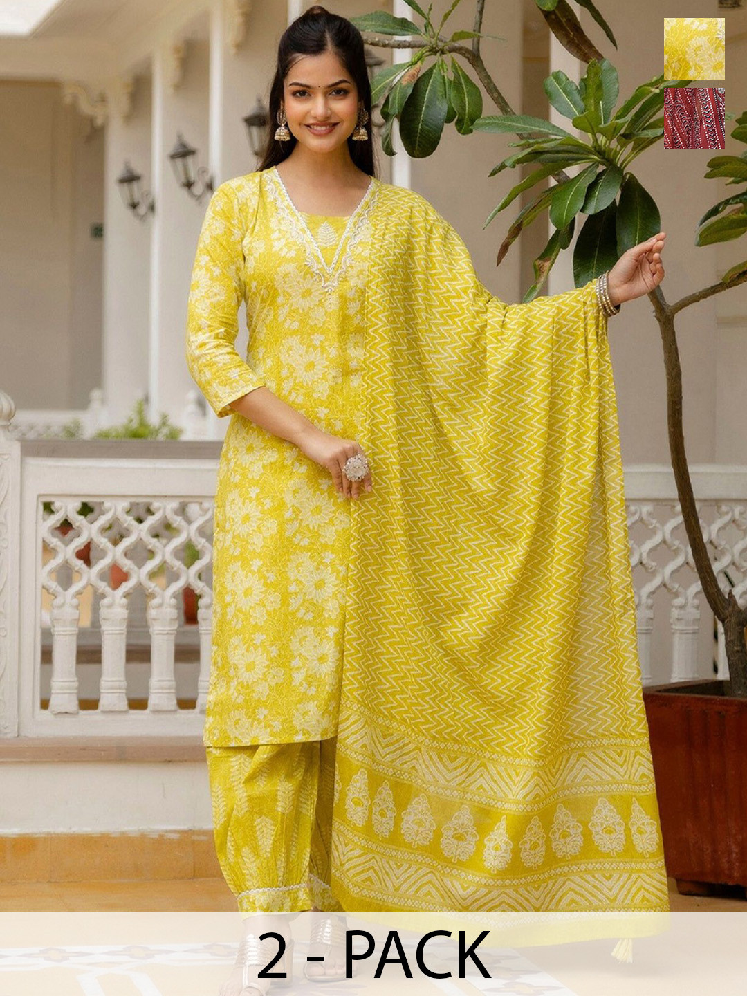 

KALINI Women Ethnic Motifs Printed Regular Kurta with Trousers & With Dupatta, Yellow