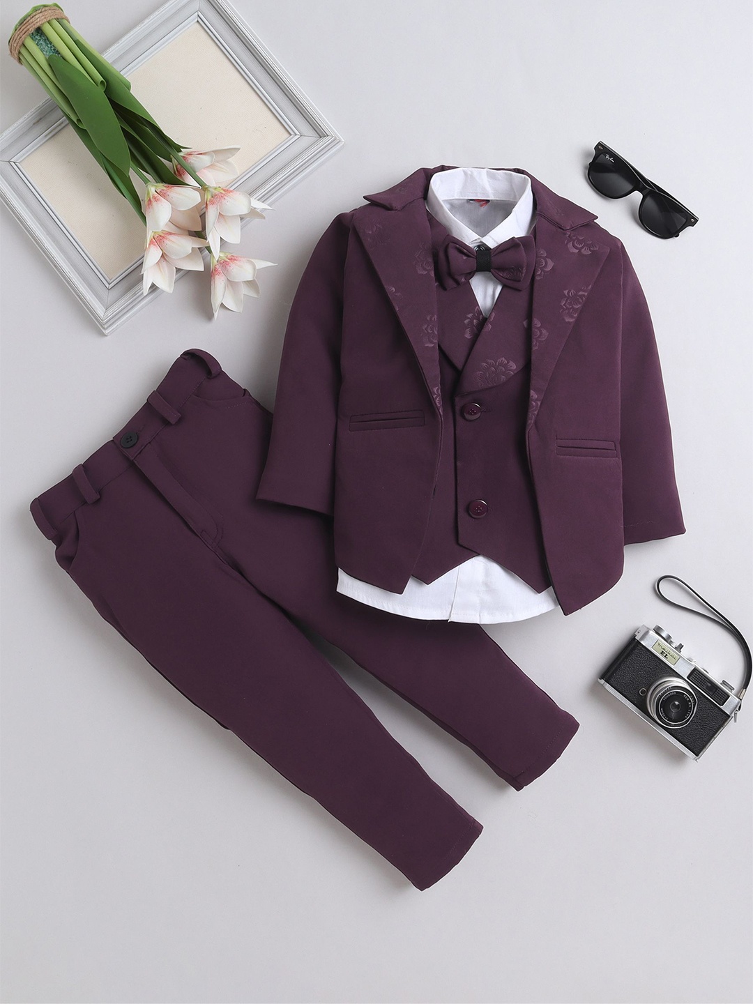 

FOURFOLDS Boys 4 Piece Printed Party Suit, Burgundy