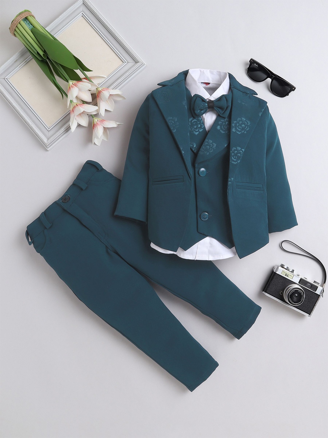 

FOURFOLDS Boys 4 Piece Printed Party Suit, Turquoise blue