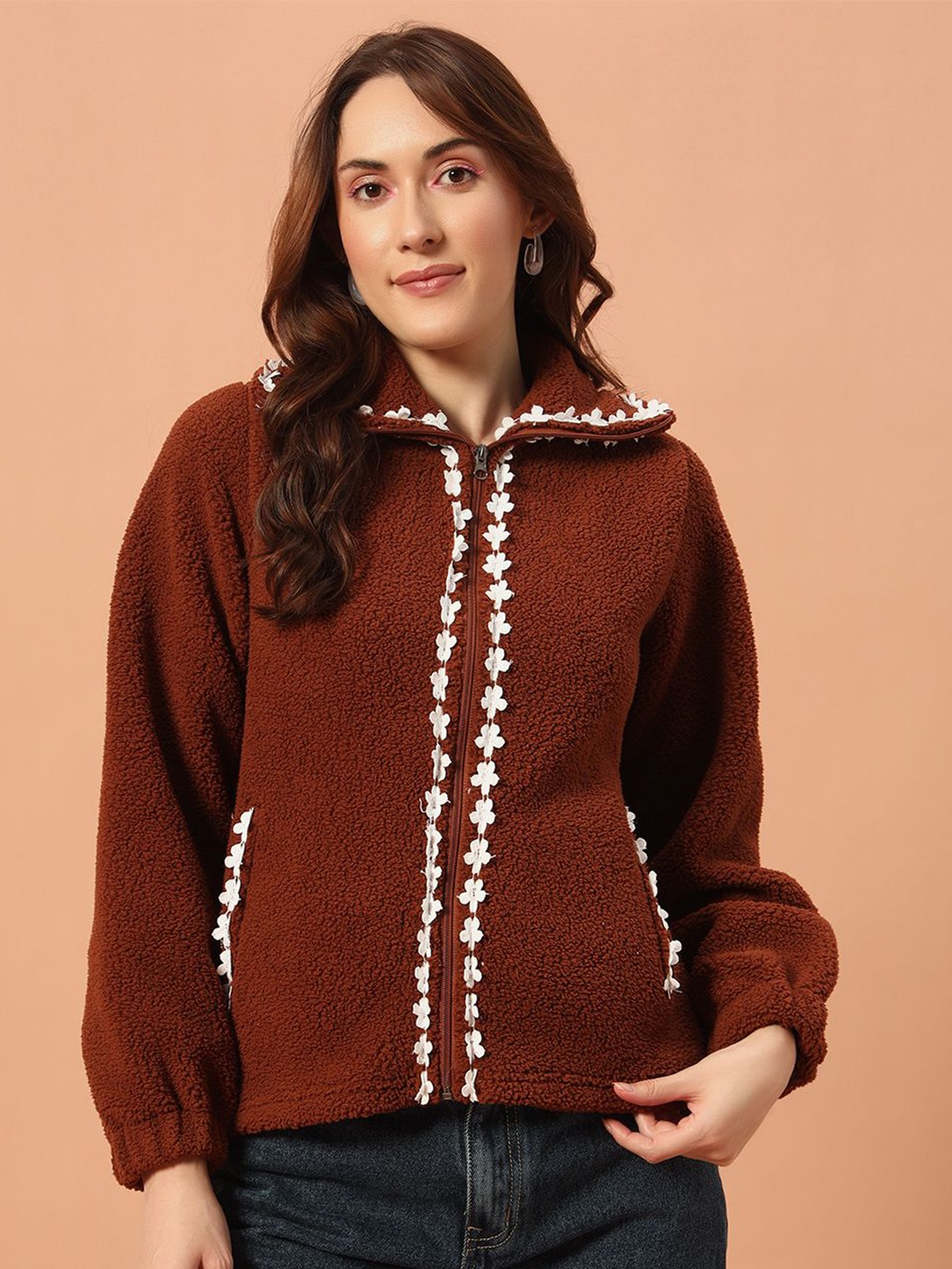 

The Dry State Women Shirt Collar Self Design Front-Open Sweaters, Brown