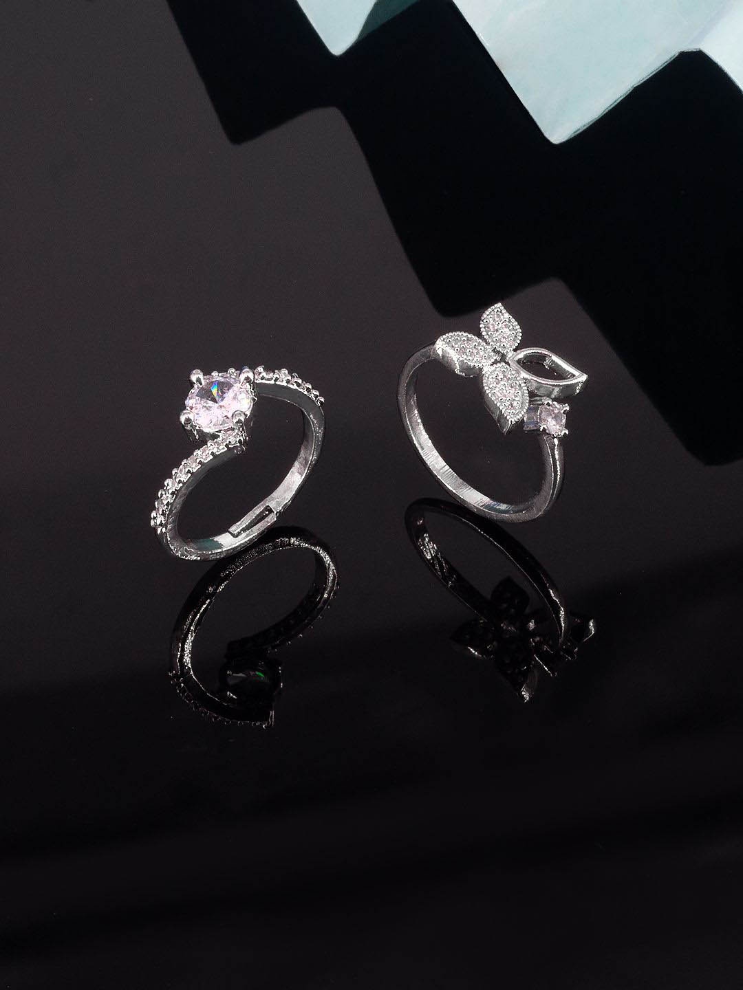 

PRIVIU Set Of 2 Rhodium-Plated American Diamond Stone-Studded Adjustable Finger Rings, Silver