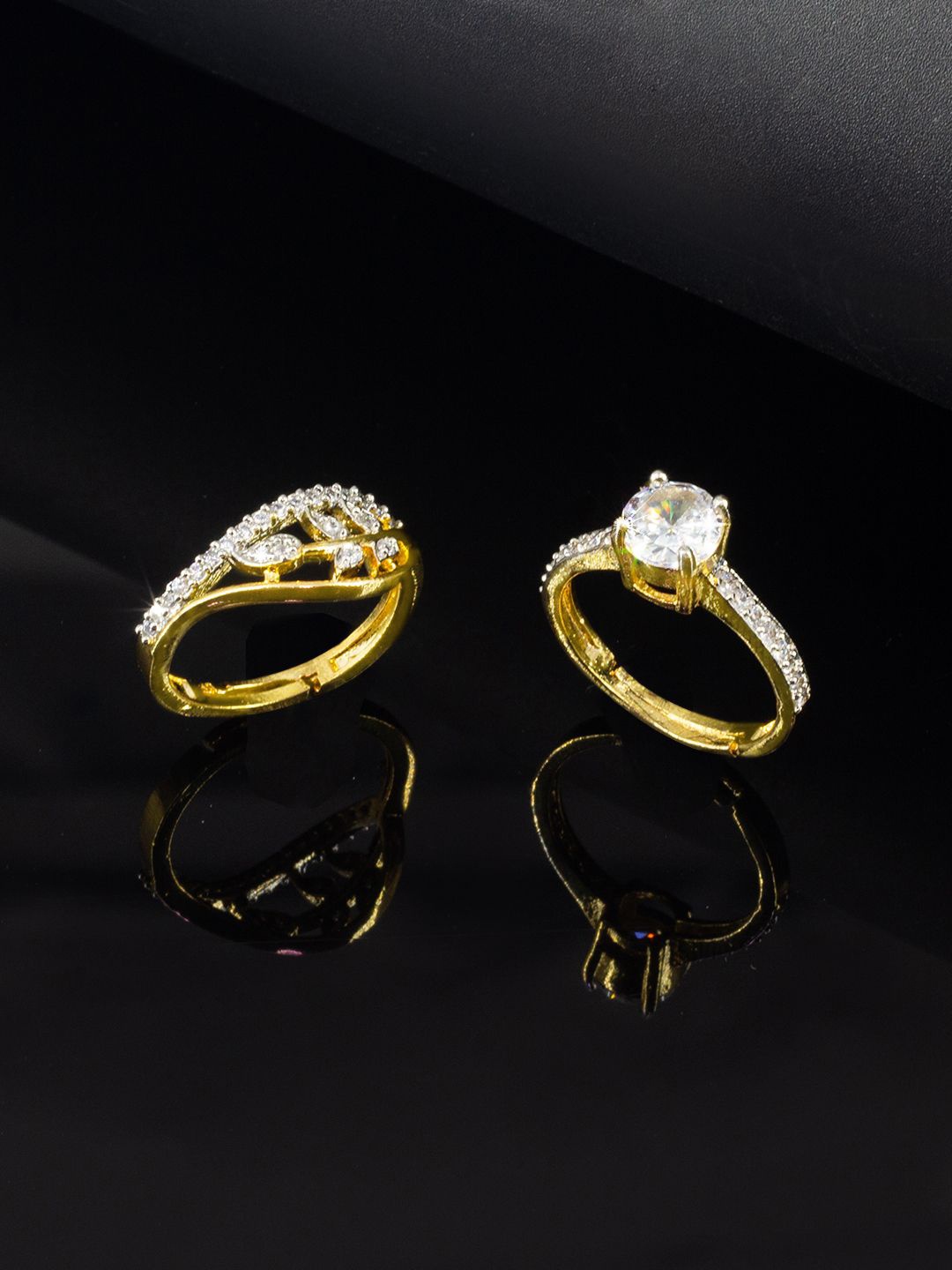 

PRIVIU Set Of 2 Gold-Plated American Diamond Stone-Studded Adjustable Finger Rings