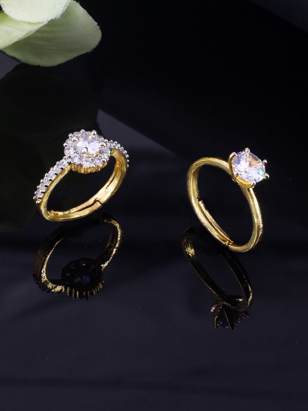 

PRIVIU Set Of 2 Gold-Plated American Diamond Stone-Studded Adjustable Finger Rings