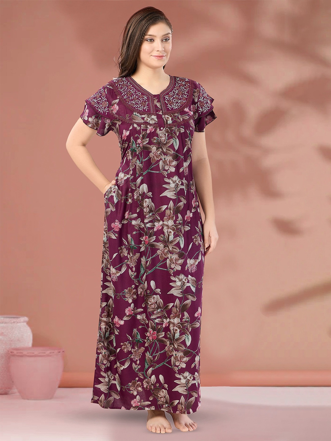 

Soulemo Women Floral Printed Maxi Nightdress, Purple