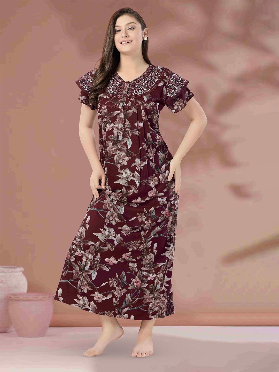 

Soulemo Floral Printed Maxi Nightdress, Maroon