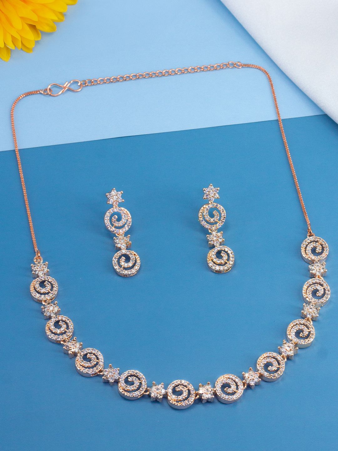 

PRIVIU Rose Gold-Plated American Diamond Stone Studded Jewellery Set