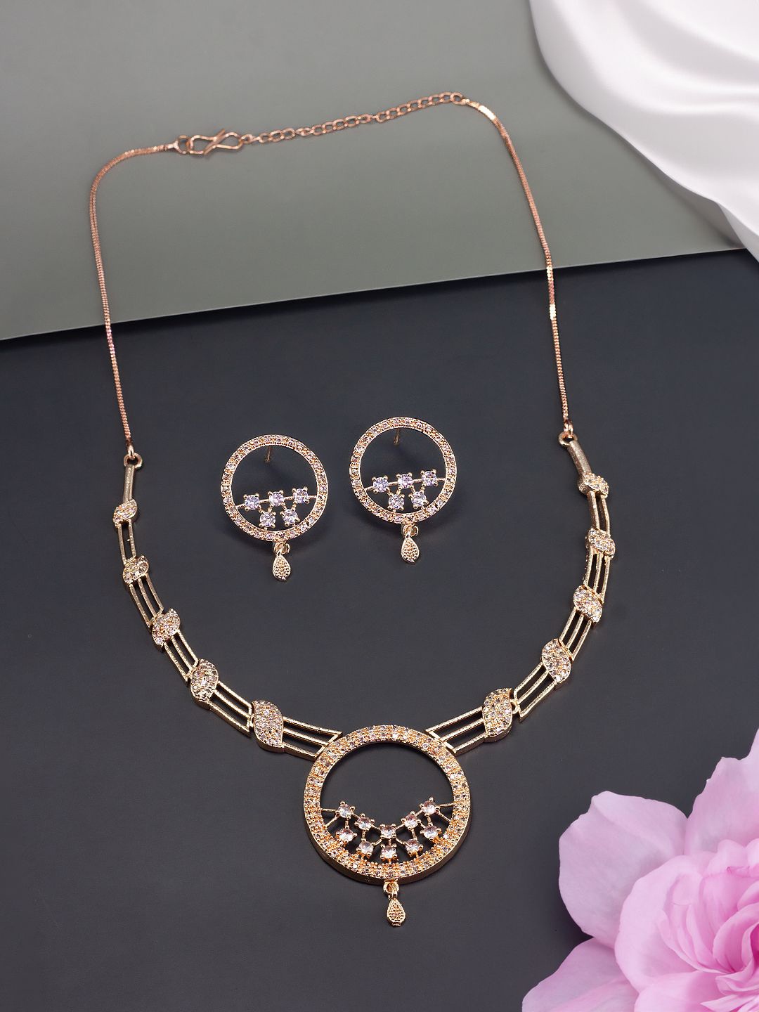 

PRIVIU Rose Gold-Plated American Diamond Stone Studded Jewellery Set