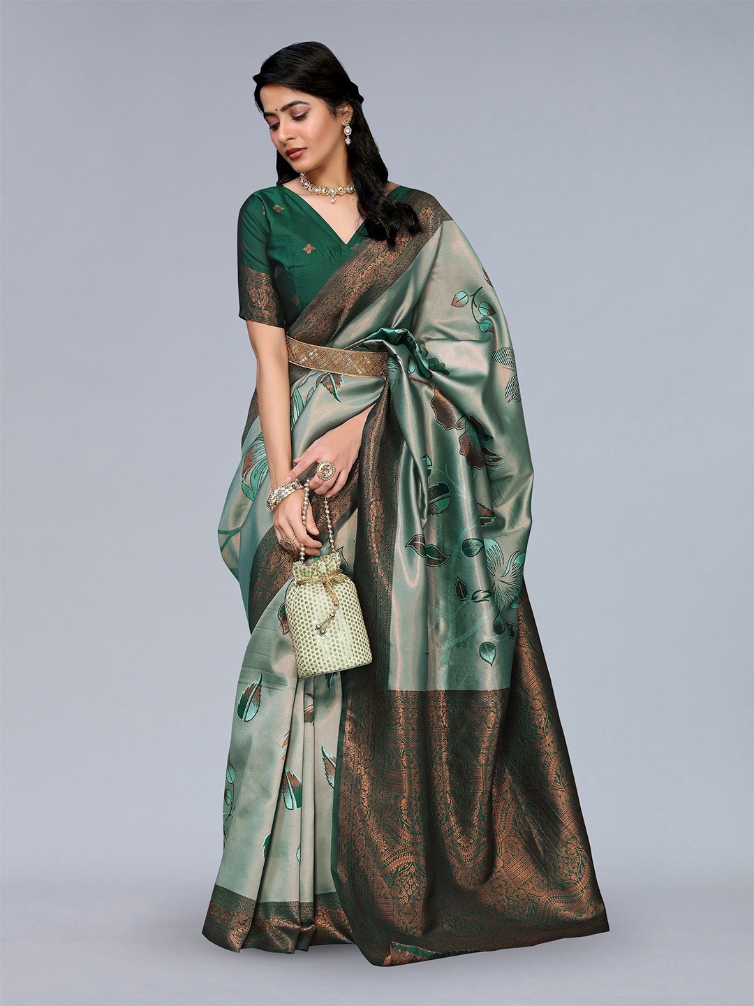 

saretramall Ethnic Motifs Zari Banarasi Saree, Sea green