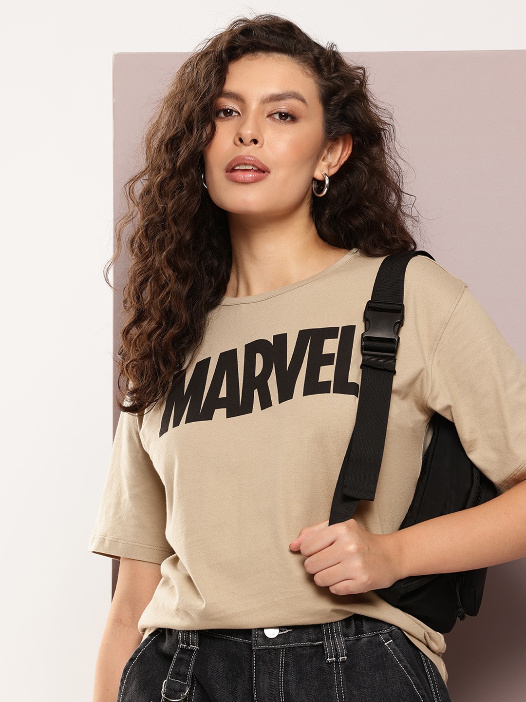 

Kook N Keech Oversized Fit Marvel Typography Printed Pure Cotton T-shirt, Beige