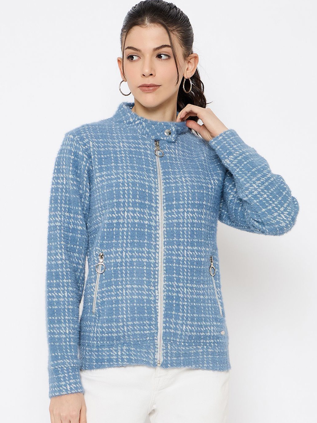 

Duke Women Self Design Mock Collar Front-Open Sweatshirt, Blue