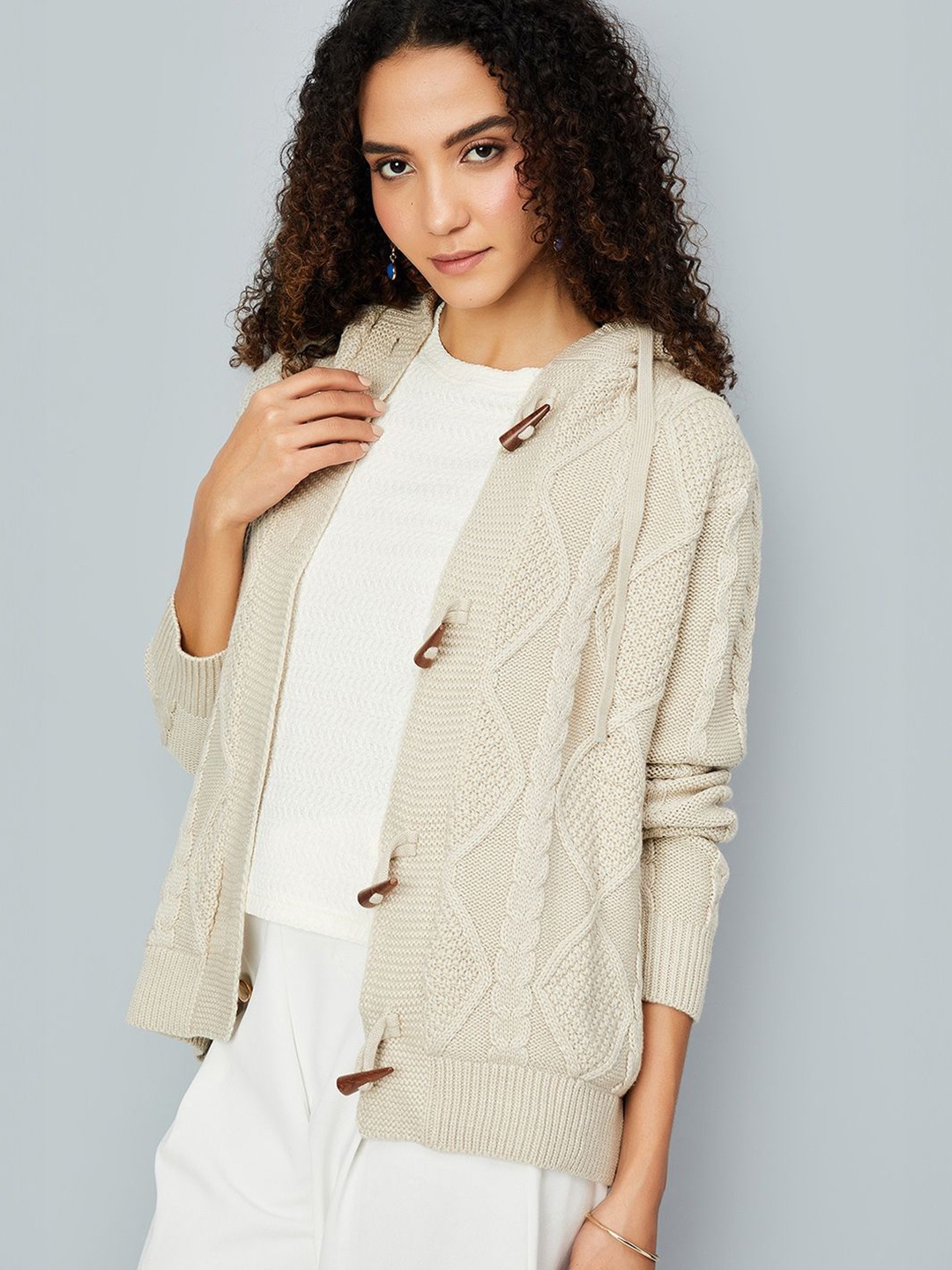 

max Women Cable Knit Hooded Cardigan, Beige