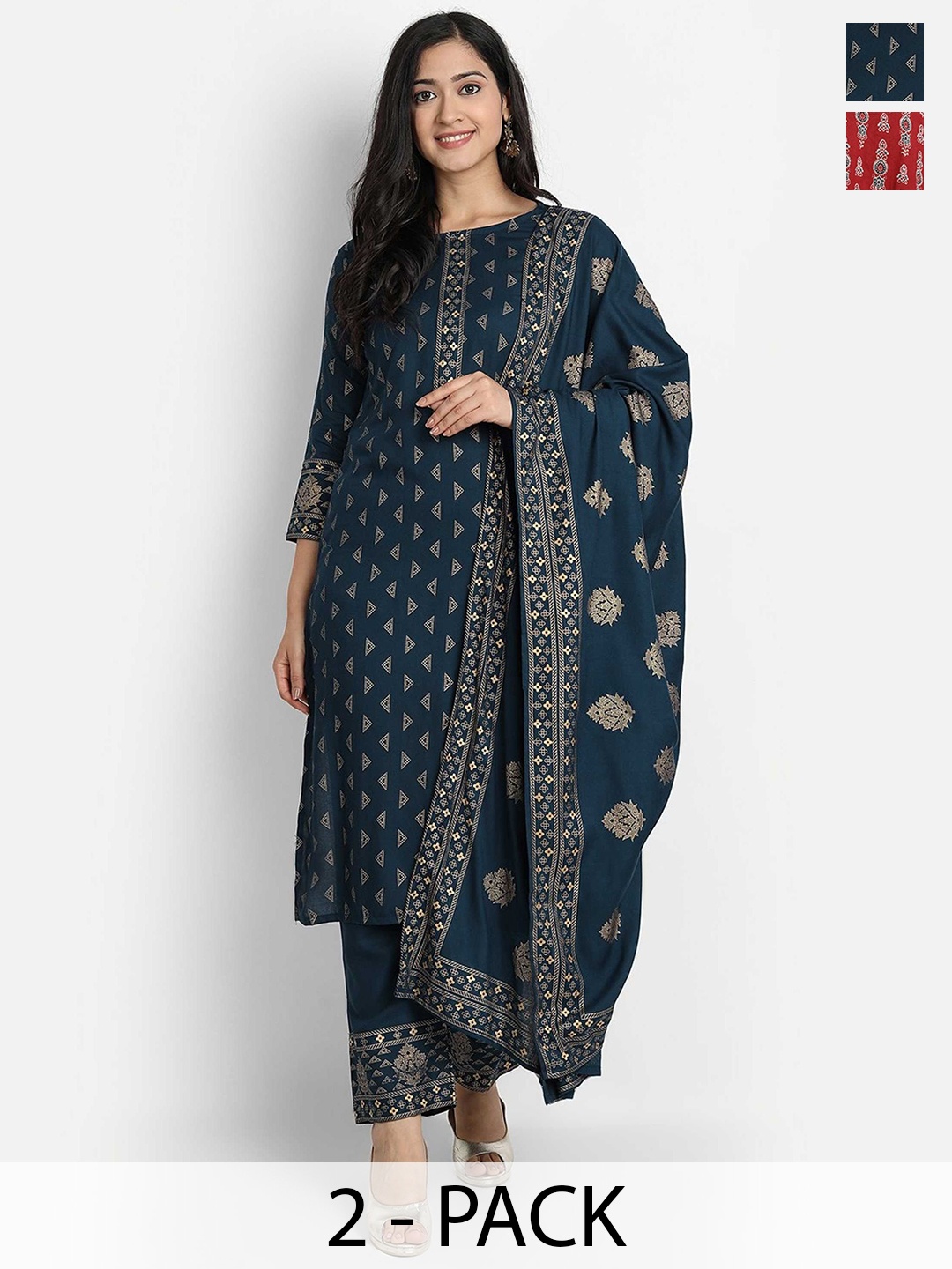 

KALINI Women Ethnic Motifs Printed Regular Kurta with Trousers & With Dupatta, Navy blue