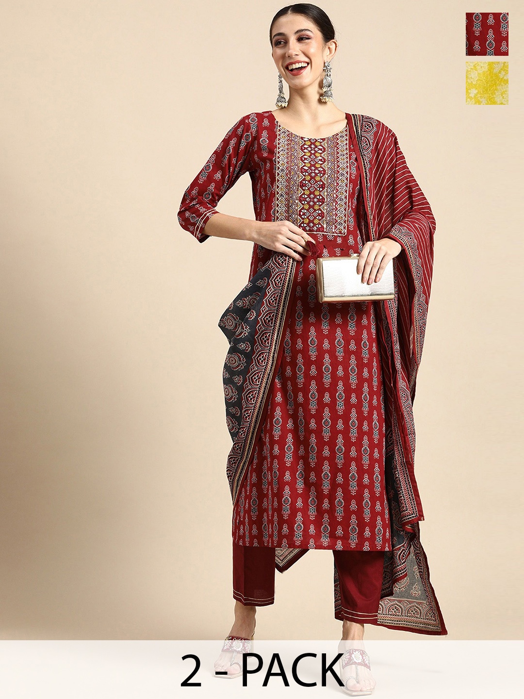 

KALINI Women Ethnic Motifs Printed Regular Kurta with Trousers & With Dupatta, Red