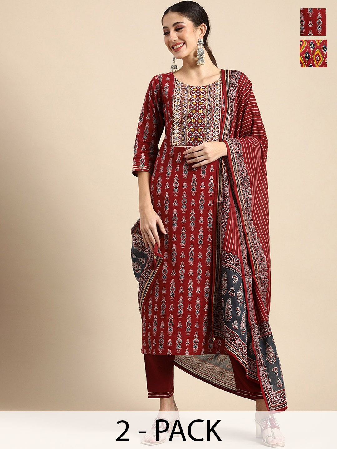 

KALINI Women Printed Regular Thread Work Kurta with Trousers & With Dupatta, Red