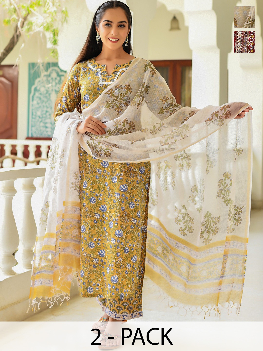 

KALINI Women Floral Printed Regular Kurta with Trousers & With Dupatta, Red