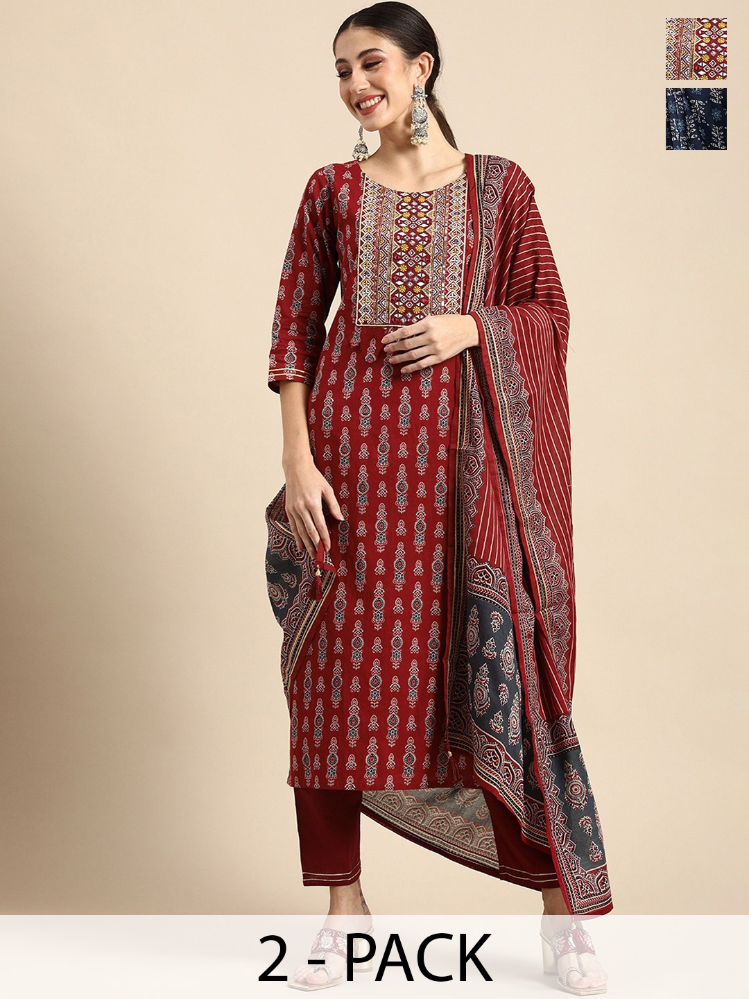 

KALINI Women Floral Printed Regular Kurta with Trousers & With Dupatta, Blue