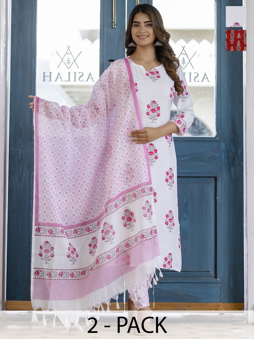 

KALINI Women Floral Printed Regular Kurta with Trousers & With Dupatta, White