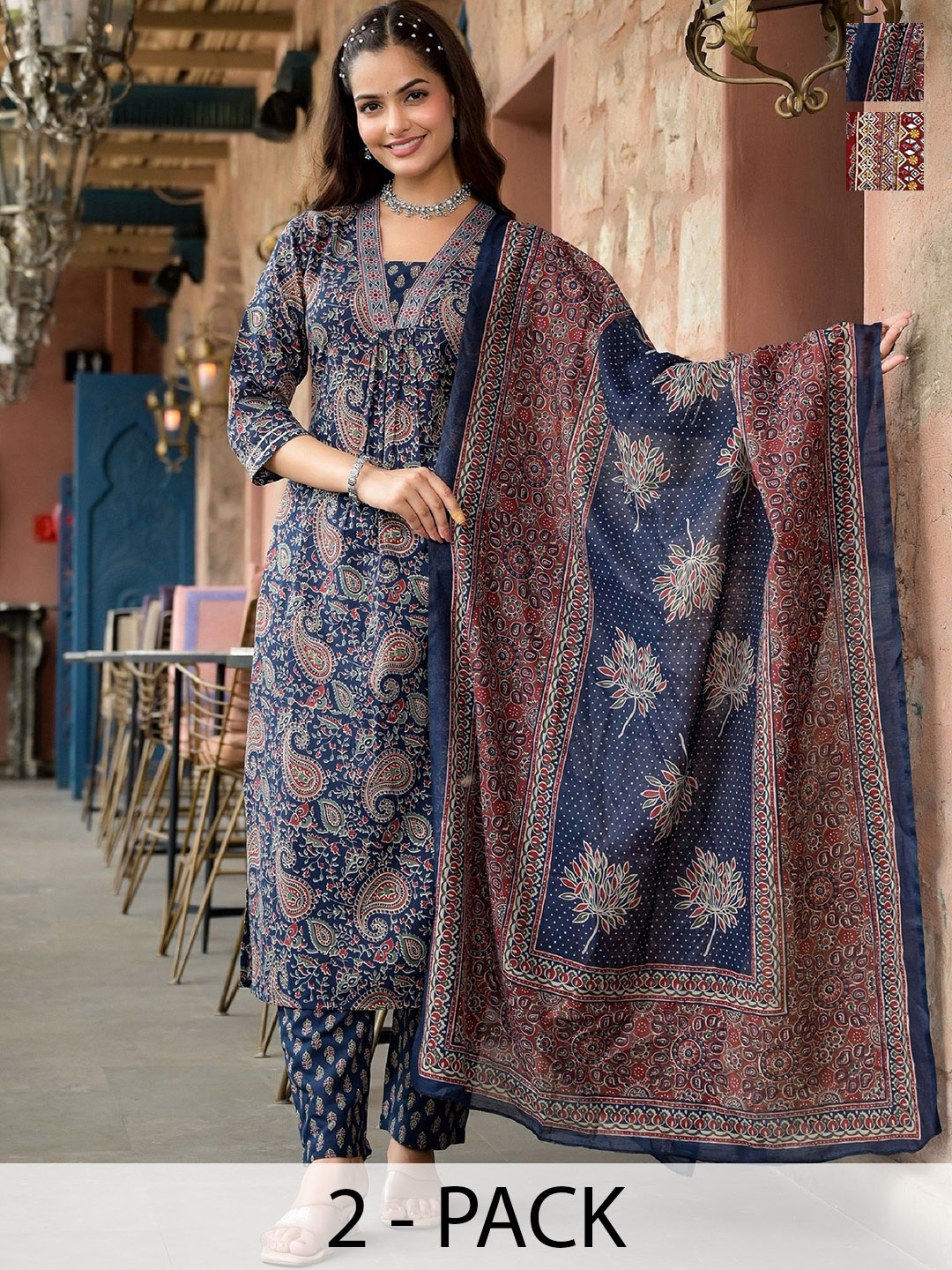 

KALINI Women Ethnic Motifs Printed Regular Kurta with Trousers & With Dupatta, Blue