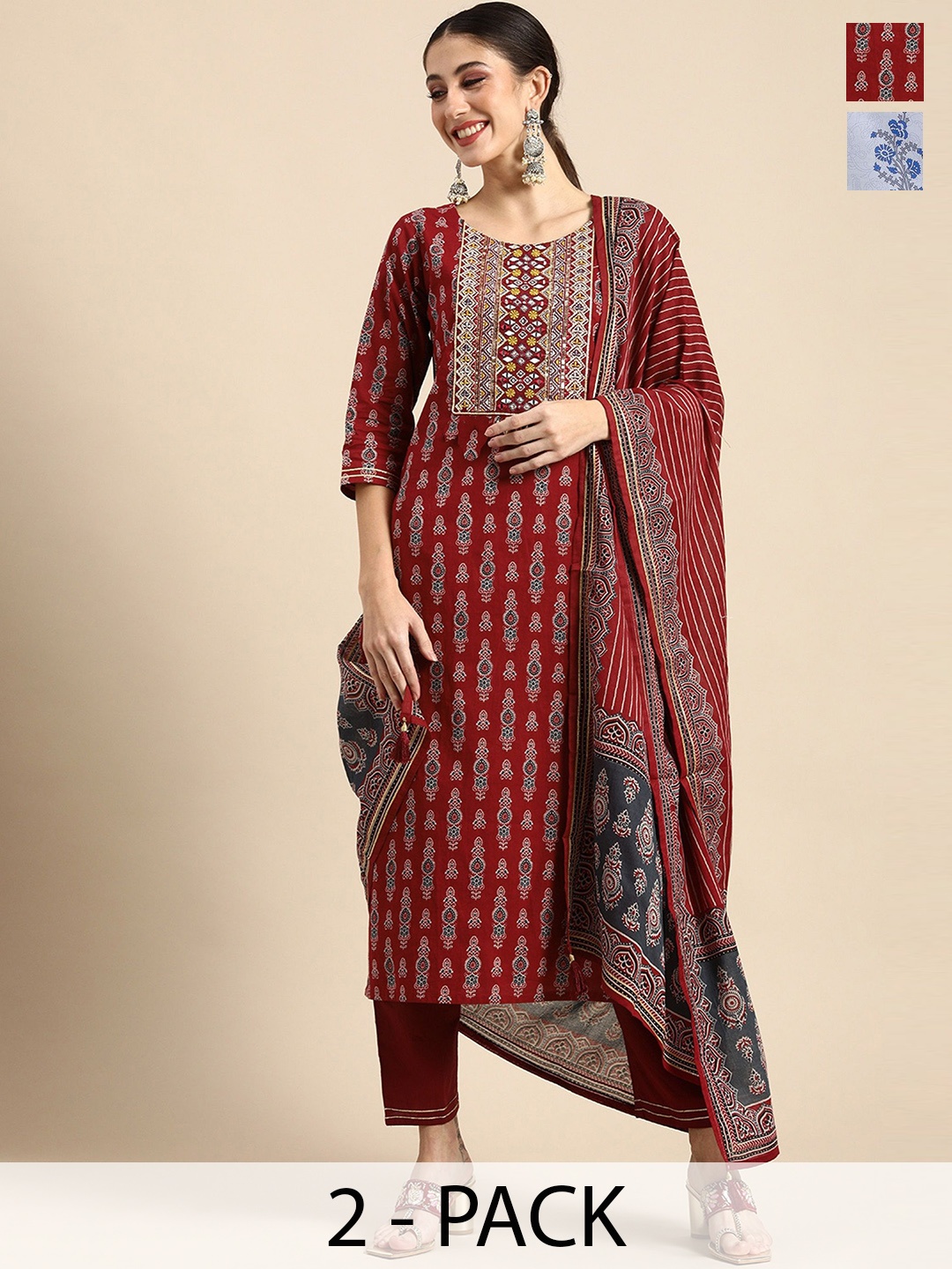 

KALINI Women Ethnic Motifs Printed Regular Kurta with Trousers & With Dupatta, Red