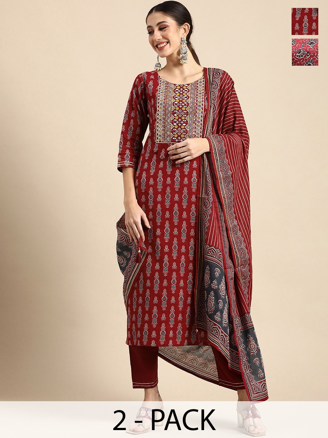 

KALINI Women Ethnic Motifs Printed Regular Kurta with Trousers & With Dupatta, Red