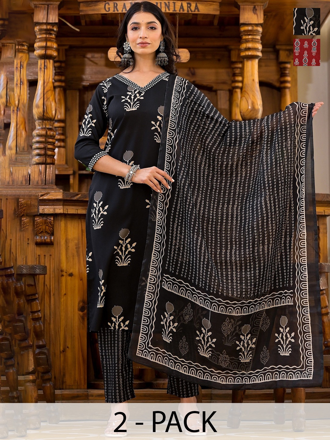 

KALINI Women Ethnic Motifs Printed Regular Kurta with Trousers & With Dupatta, Black