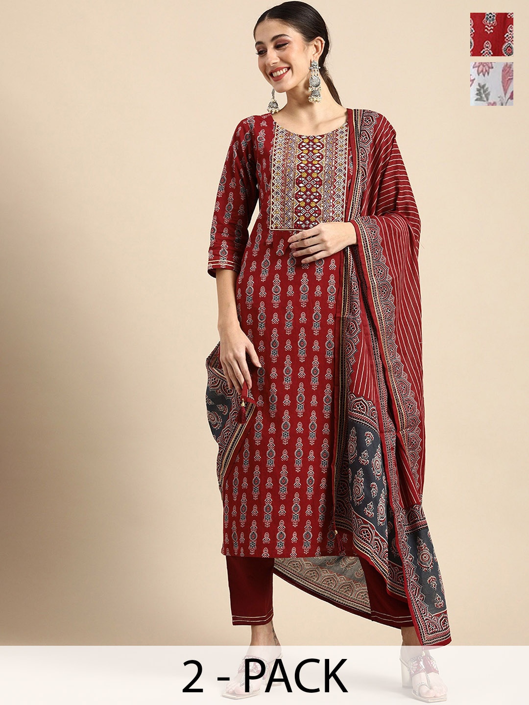 

KALINI Women Ethnic Motifs Printed Regular Kurta with Trousers & With Dupatta, Red