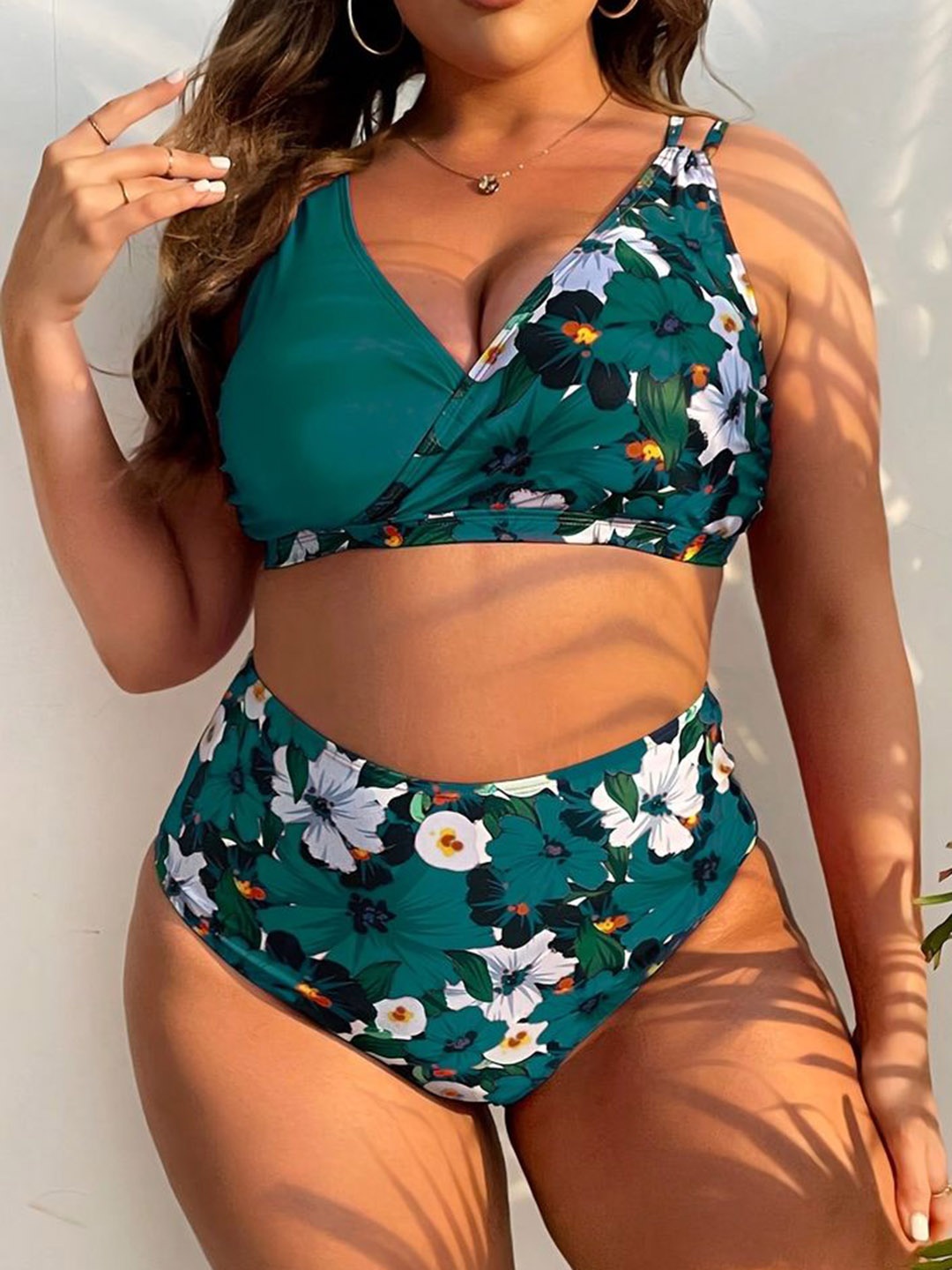 

LULU & SKY Women Plus Size Floral Printed Swim Bikini Set, Green