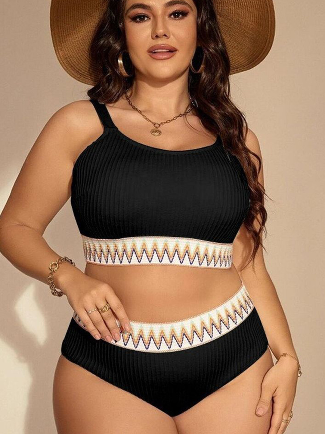 

LULU & SKY Women Plus Size Round Neck Swim Bikini Set, Black