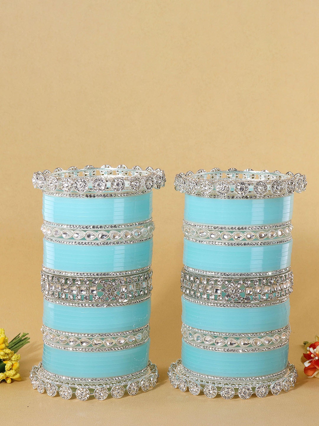 

NMII Set Of 74 Zircon Diamond Studded Silver Chuda, Turquoise blue