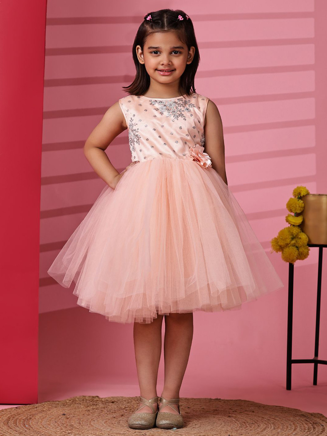 

Toy Balloon kids Girls Net Fit & Flare Dress, Peach