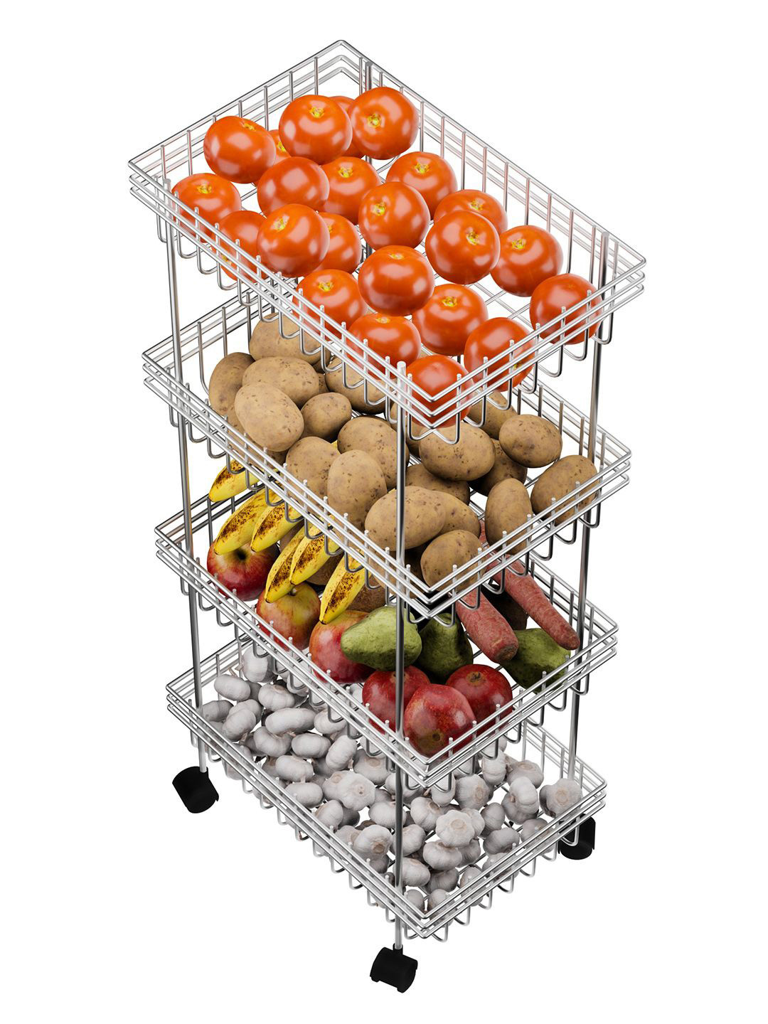 

Kuber Industries Unisex Silver Metal 4-Layer Fruits Stand with Wheels Kitchen Trolley