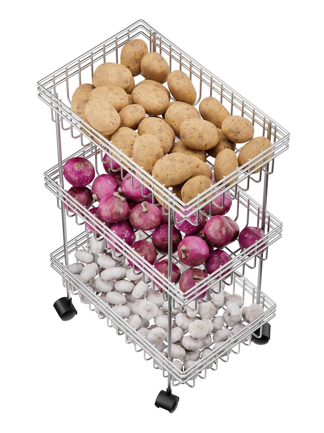 

Kuber Industries Unisex Metal 3-Layer Fruits Stand with Wheels Silver Kitchen Trolley