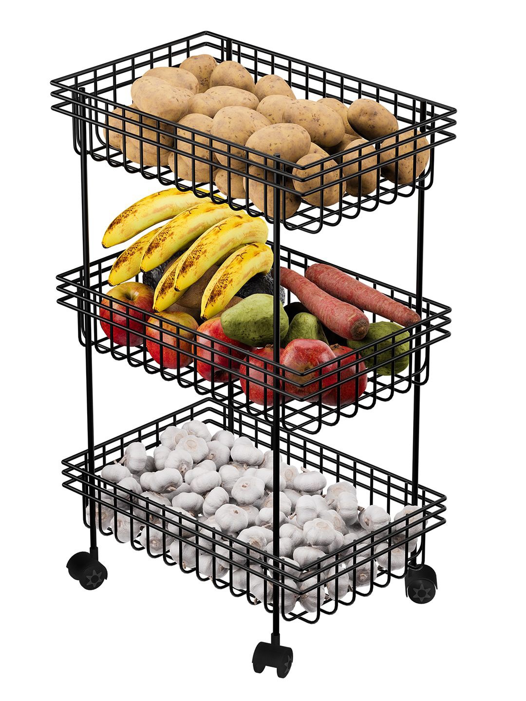 

Kuber Industries Unisex Black Metal 3-Layer Fruits & Stand Kitchen Trolley with Wheels