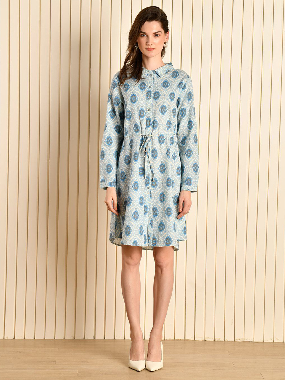 

Ekohum Women Shirt Collar Floral Printed Dress, Blue