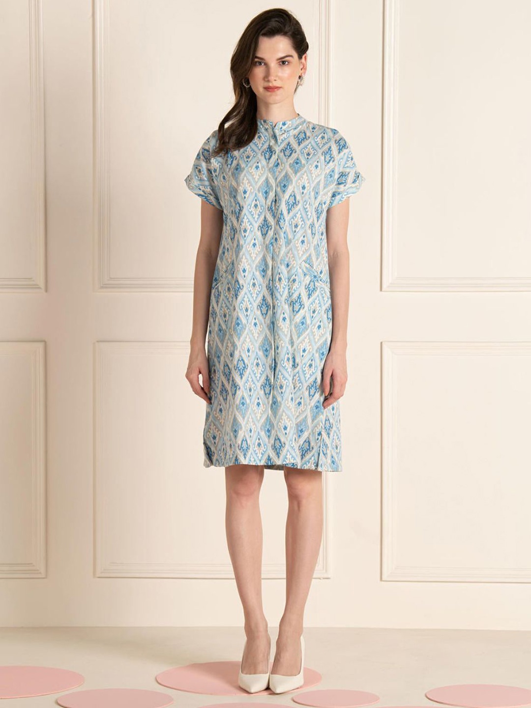 

Ekohum Women Printed Mandarin Collar Knee Length Linen Sheath Dress, Blue