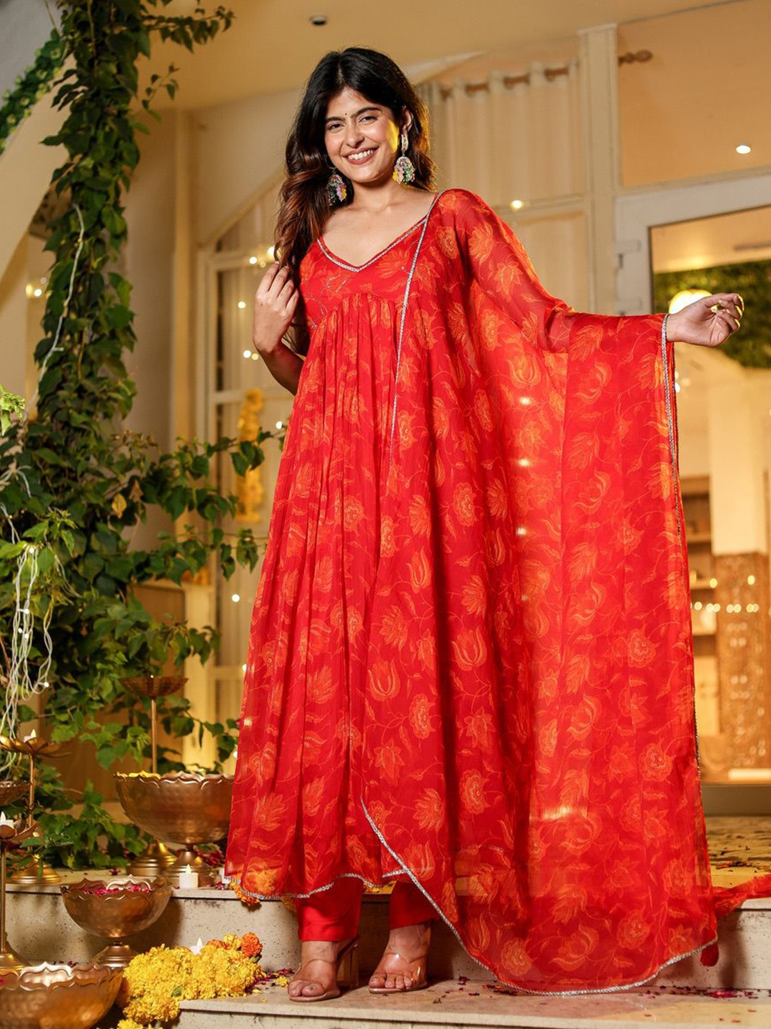 

Mirayaz Women Floral Printed Chiffon A-Line Ethnic Dresses, Red