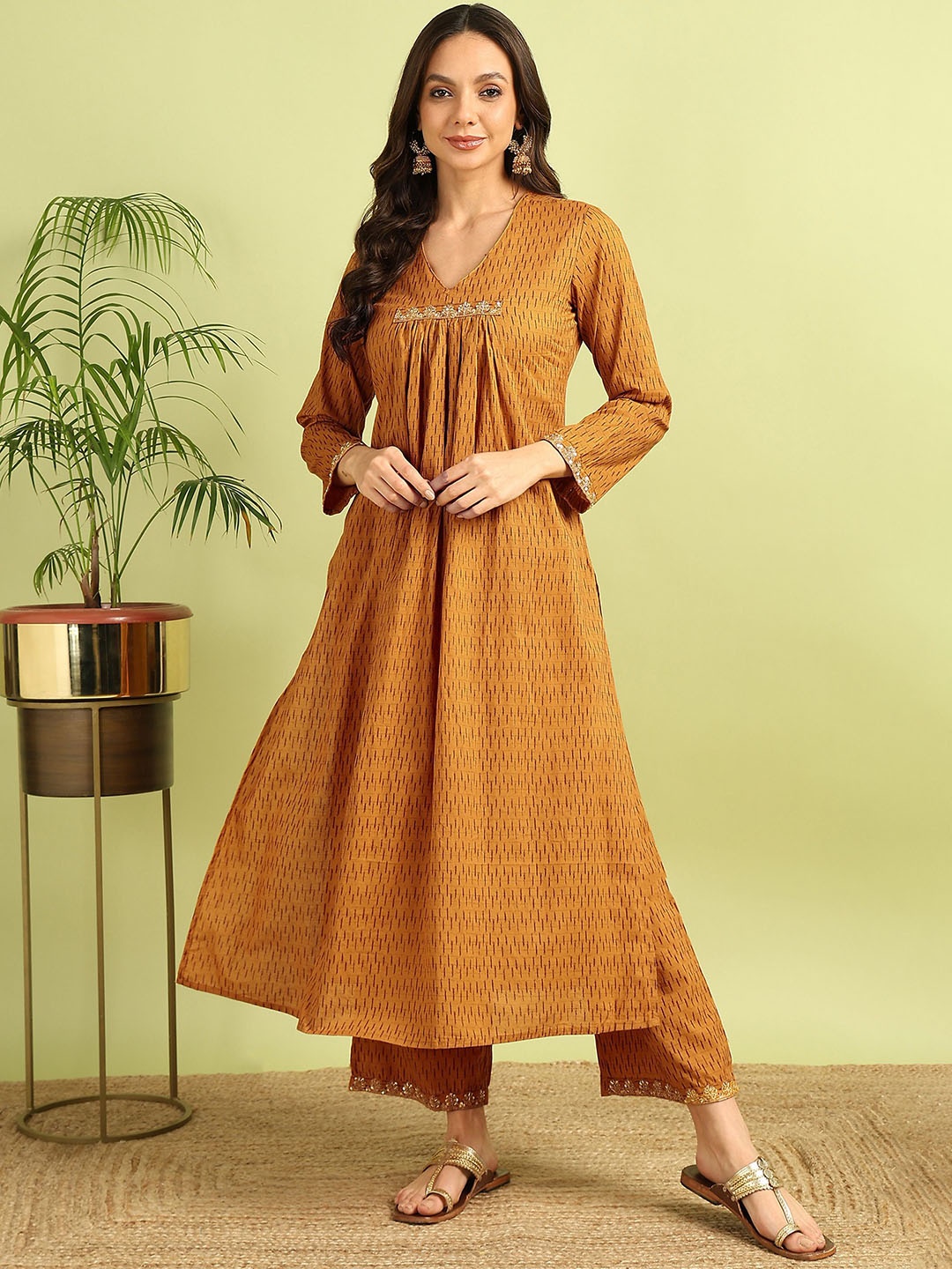 

HERE&NOW Women Striped Regular Kurta with Palazzos, Mustard