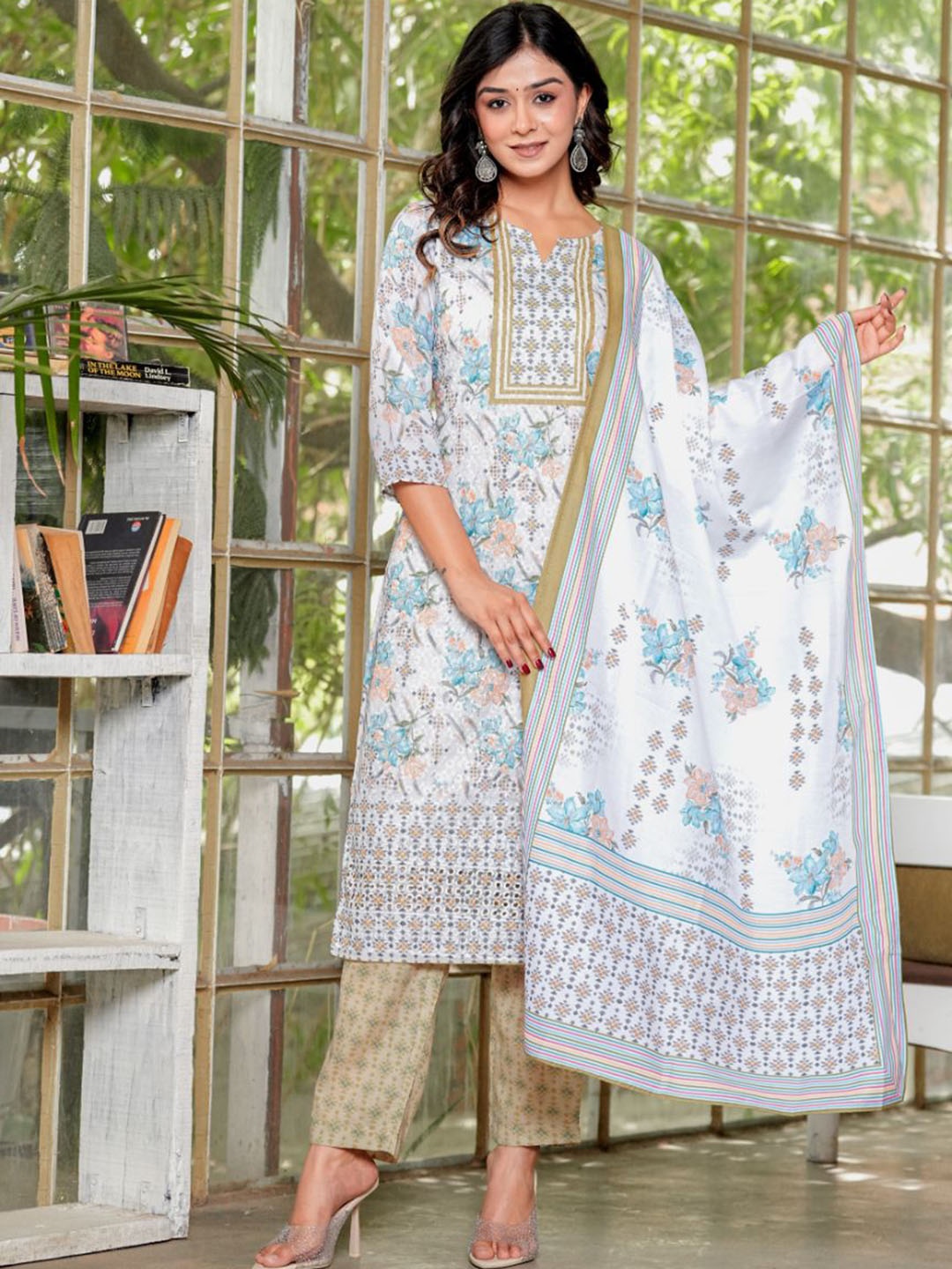 

KALINI Women Floral Printed Regular Kurta with Trousers & With Dupatta, White