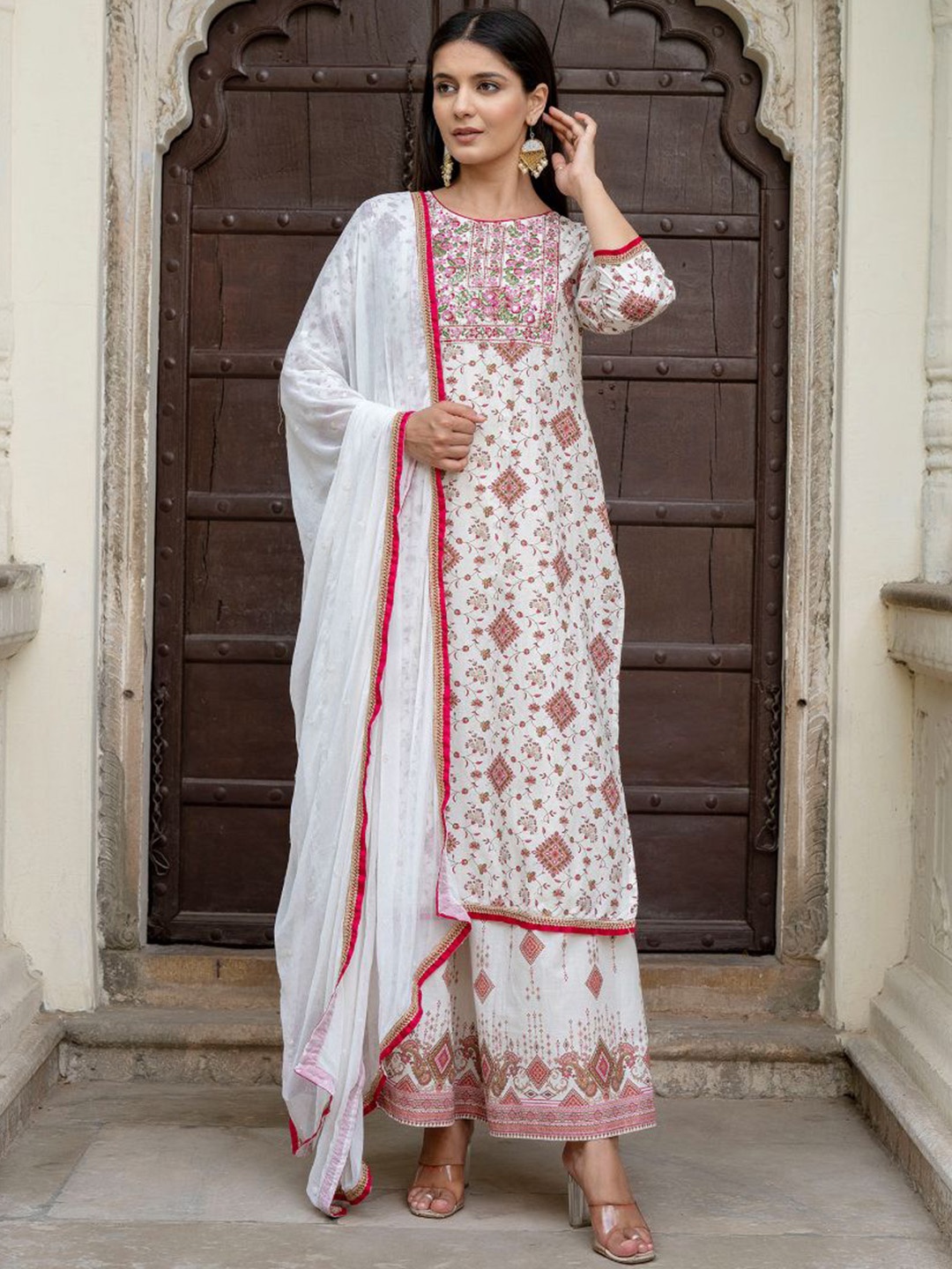 

KALINI Women Floral Printed Regular Sequinned Kurta with Sharara & With Dupatta, White