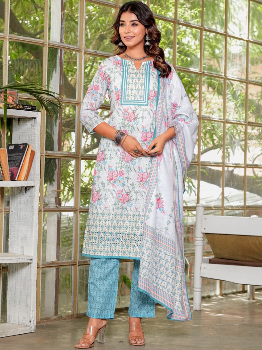 

KALINI Women Floral Printed Regular Kurta with Trousers & With Dupatta, White