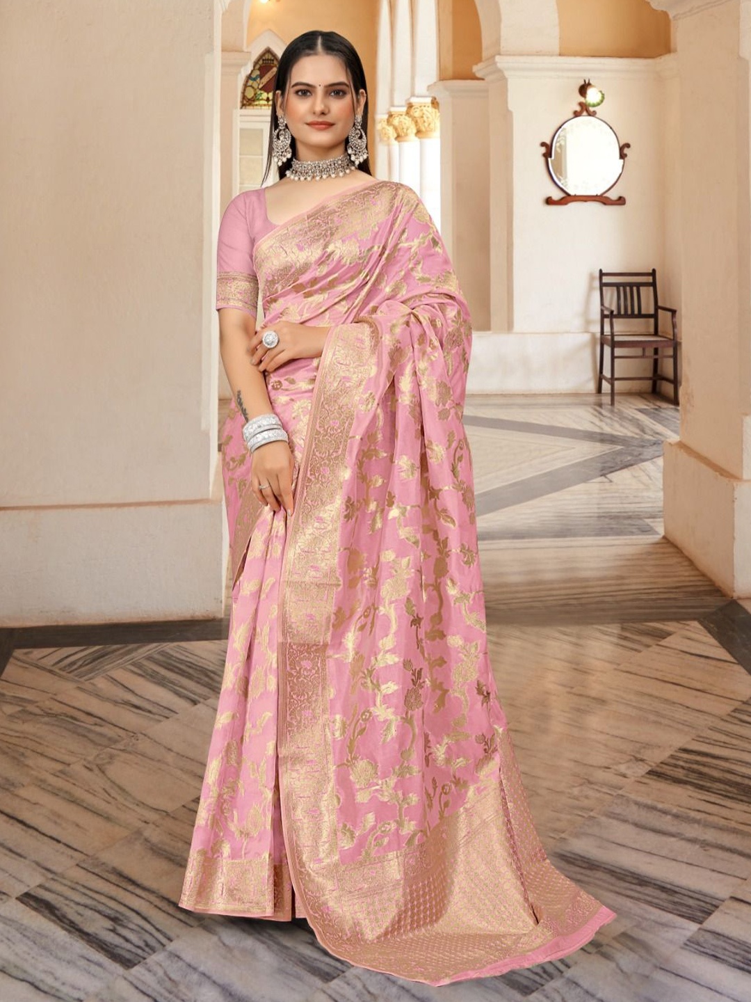 

Aagiri Woven Design Zari Organza Banarasi Saree, Pink